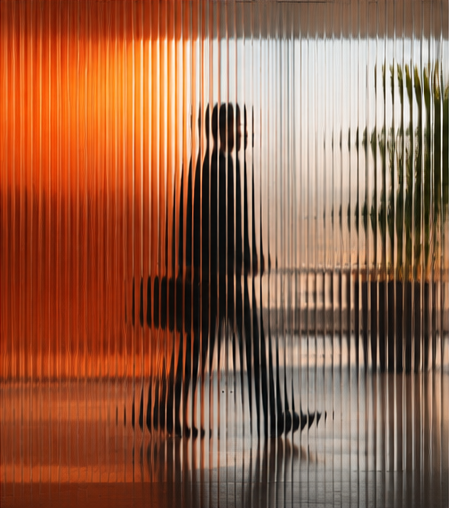 Un professionnel traversant un espace de bureau, sac à la main, devant un mur orange, vu à travers le verre.